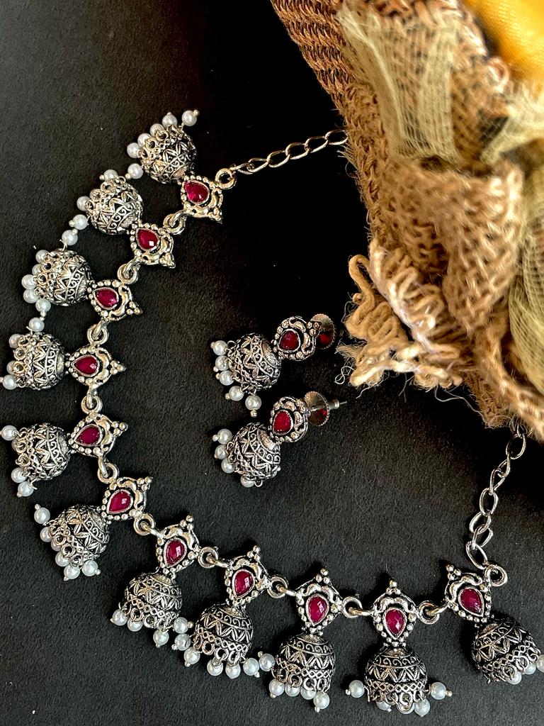 Oxidized Choker with Earring set in stone and beads work