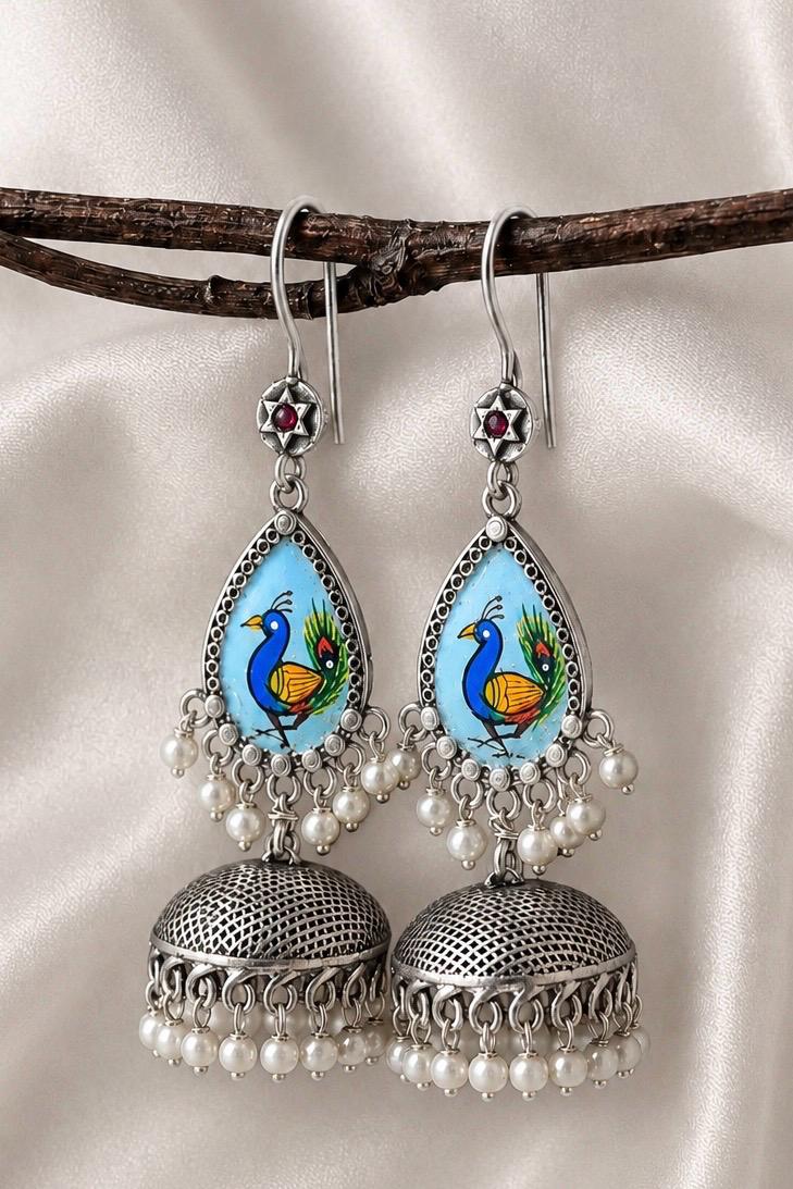 Peacock Print Top with Oxidized Jhumki Earring