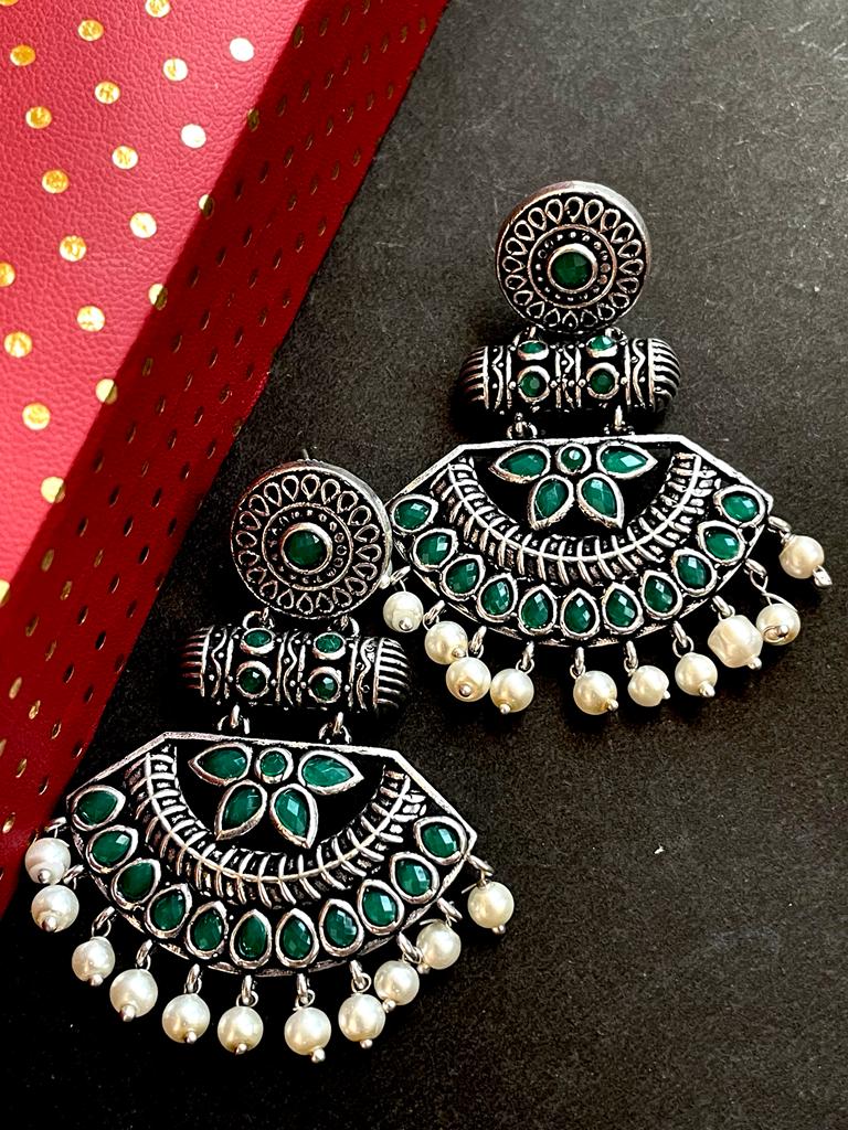 Oxidized Brass Chandbali Monalisa Stone Earring