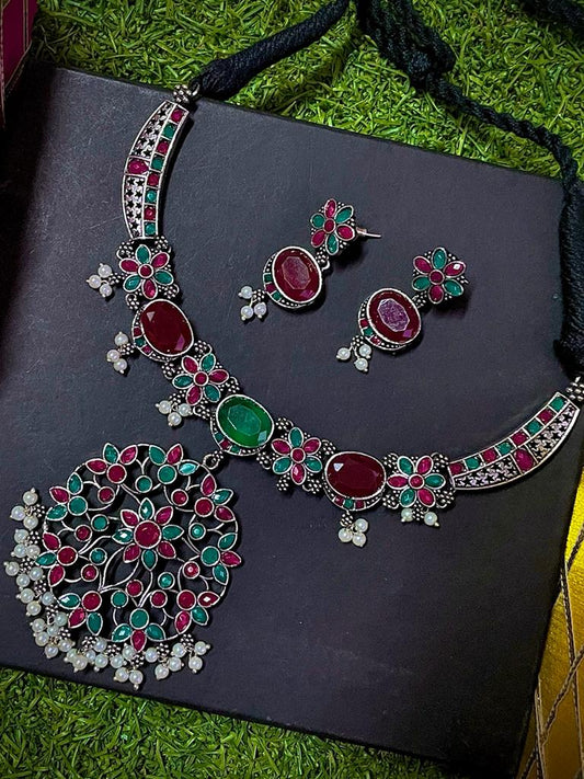 Oxidized Choker with Earring set with Heavy Stone workJewellery Set