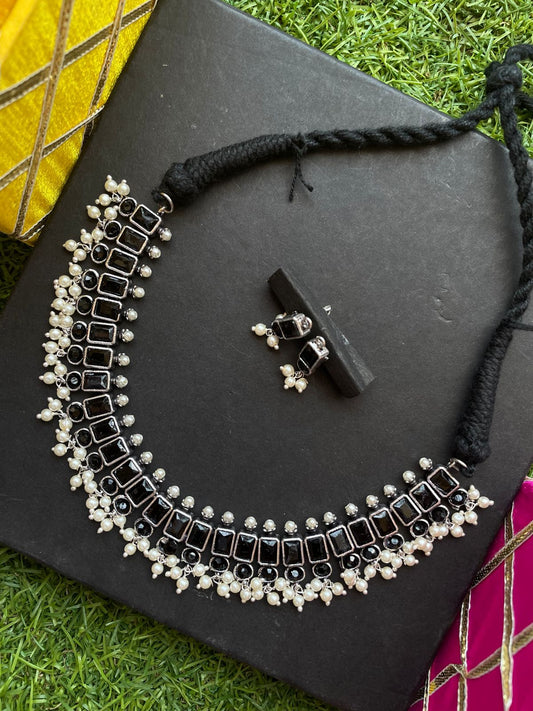 Oxidized Choker with earring set with Jade stones