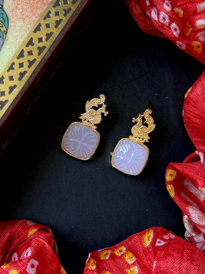 Carving Stone Golden Stud Earring
