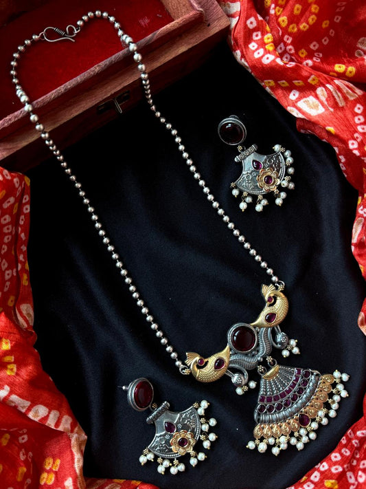 Dual Tone Peacock shape Pendant Chain Necklace with Earring set