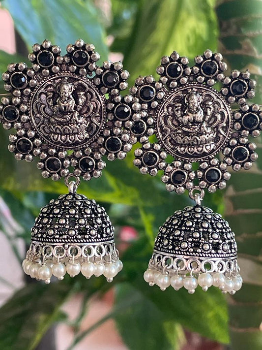 Oxidized Dome Jhumka with Goddes Lakshmi top