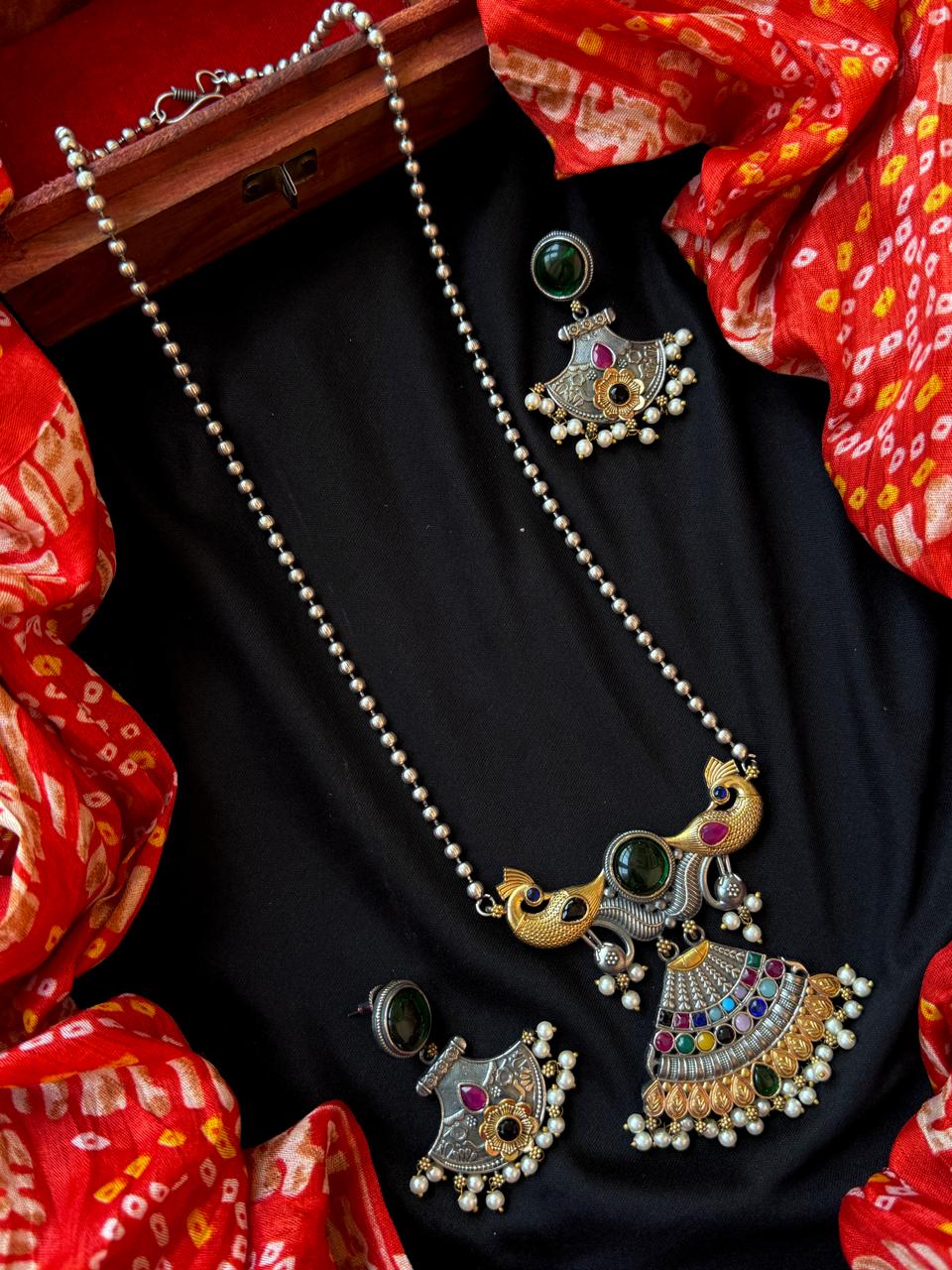 Dual Tone Peacock Pendant Chain Necklace with Earring set