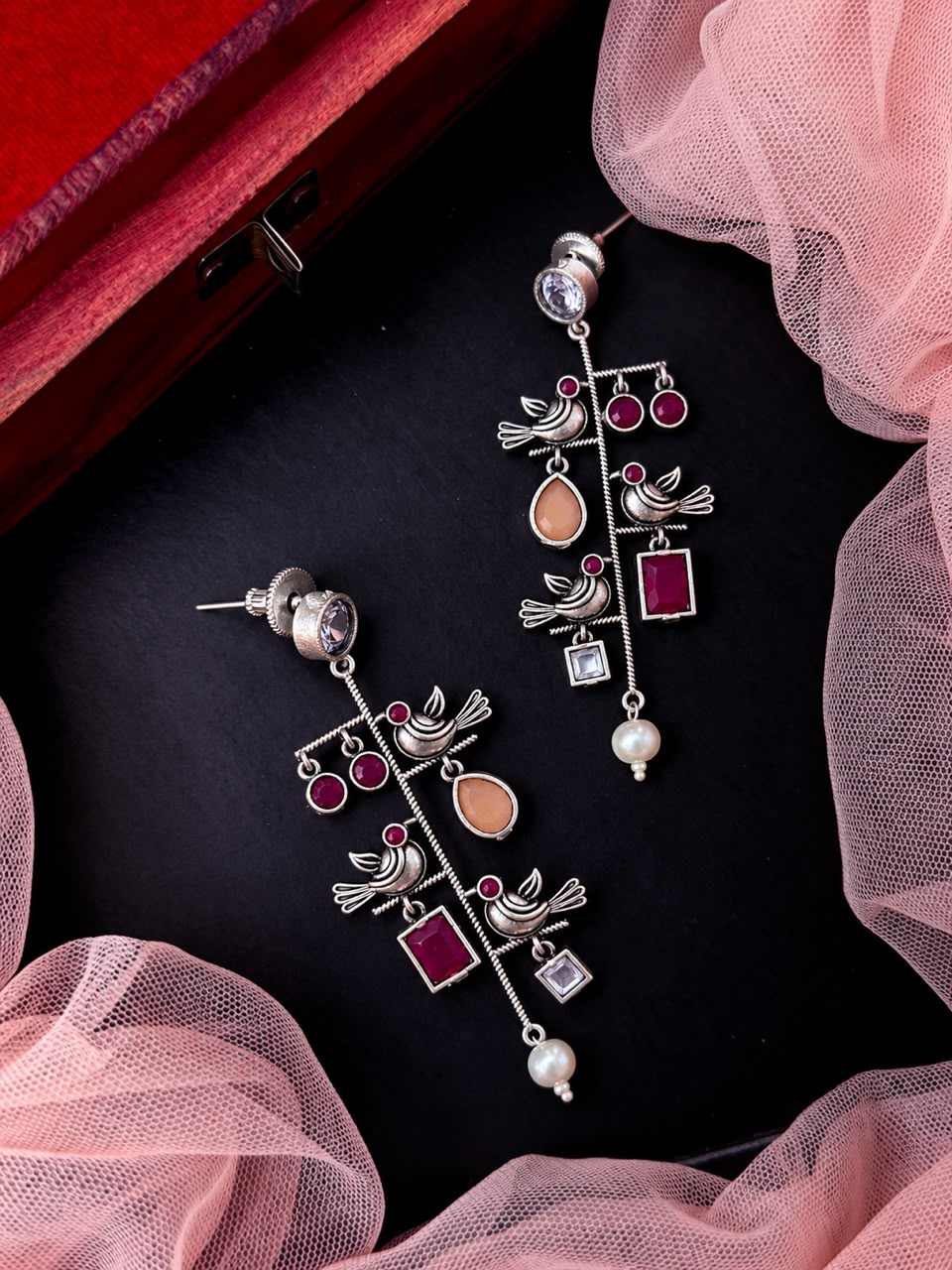 Monalisa Stone Birds Silver Replica Earring