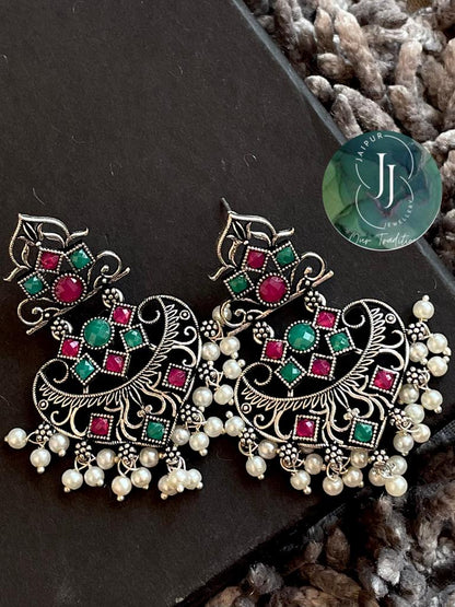 Oxidized in Brass Earring with Beads and Stone work