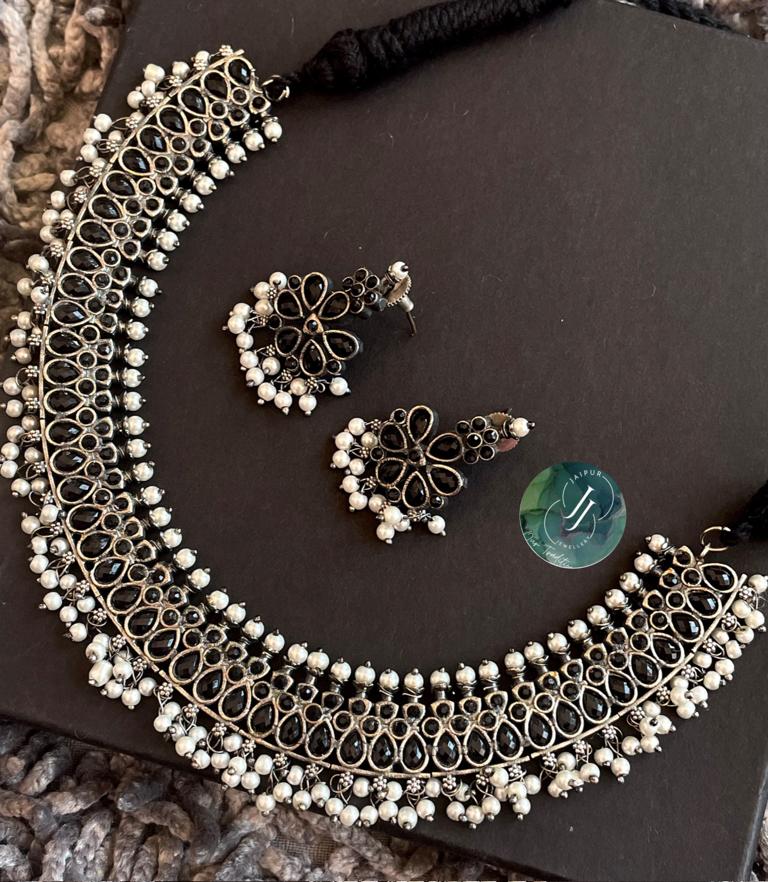 Oxidized Black Polish Brass Choker with Earring set with Heavy stone and beads work