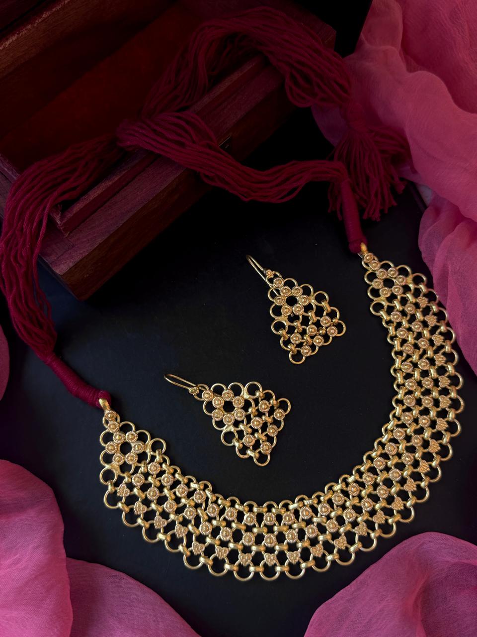 Golden Look alike Choker with Adjustable Dori and Earring set