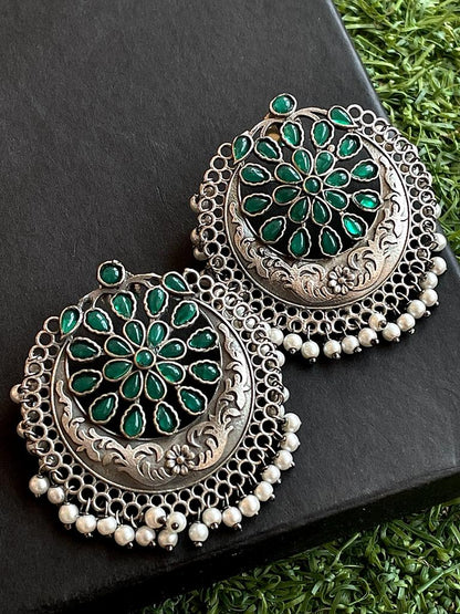 Oxidized Brass Round Earring with stone work