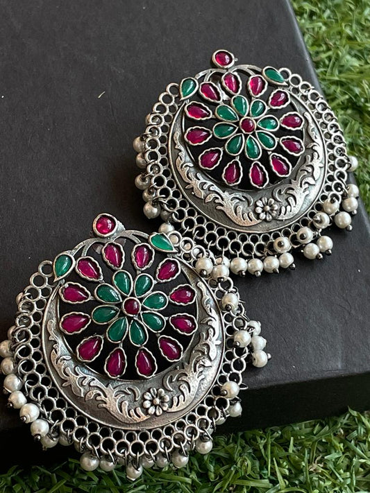 Oxidized Brass Round Earring with stone work