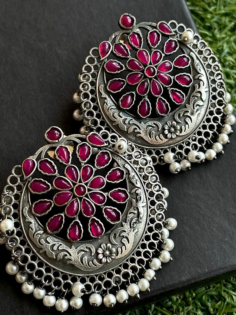 Oxidized Brass Round Earring with stone work