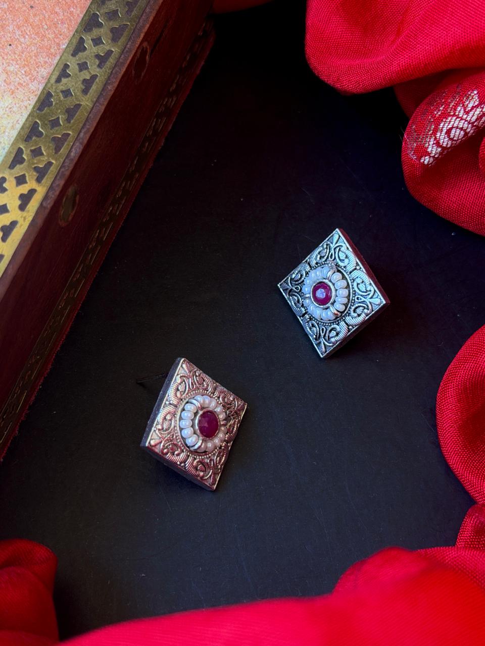 Silver Replica Geometrical Square Stud Earring
