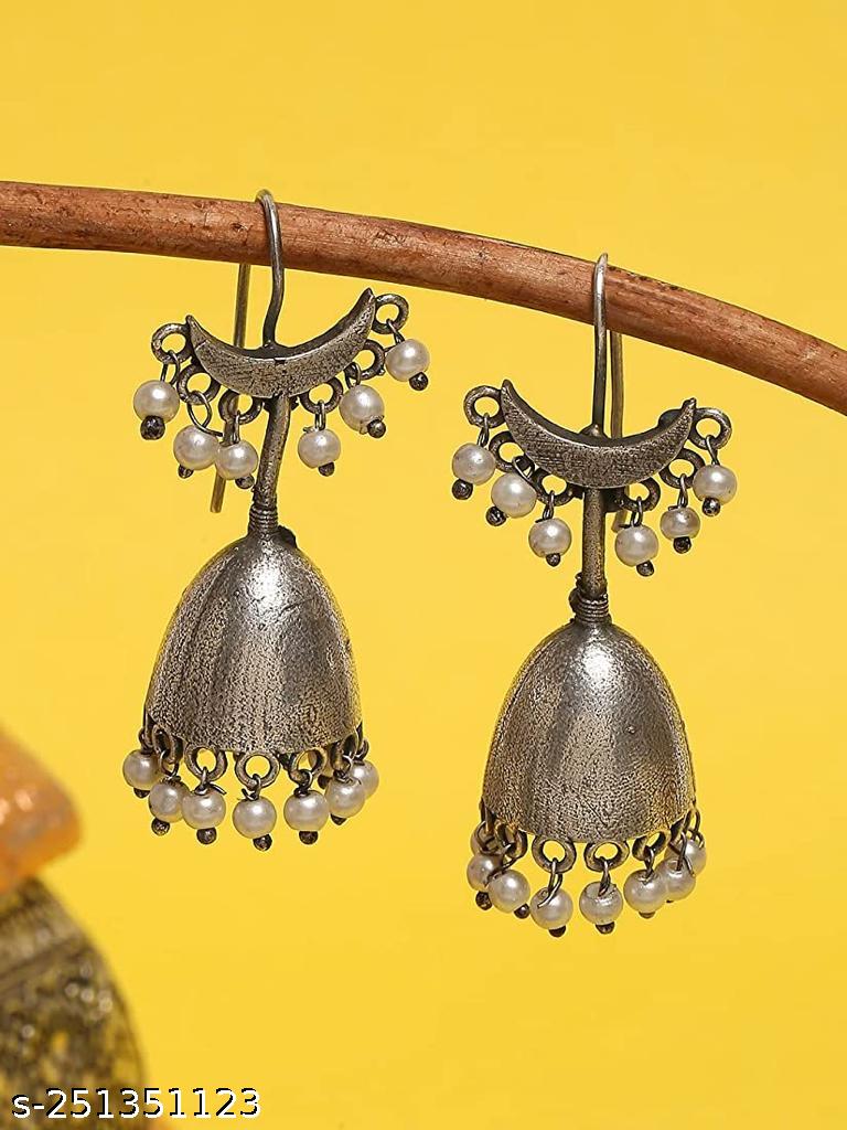 Oxidized Bell Shape Jhumka with Moon top and beads