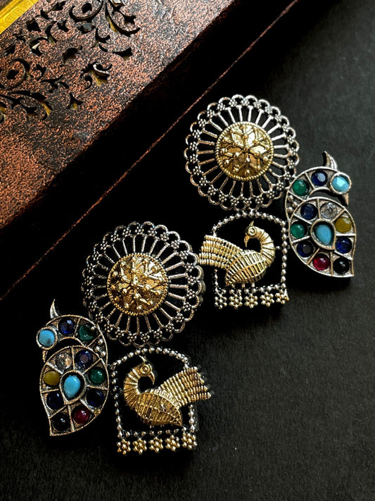 Dual Tone Peacock Stone Stud Earring