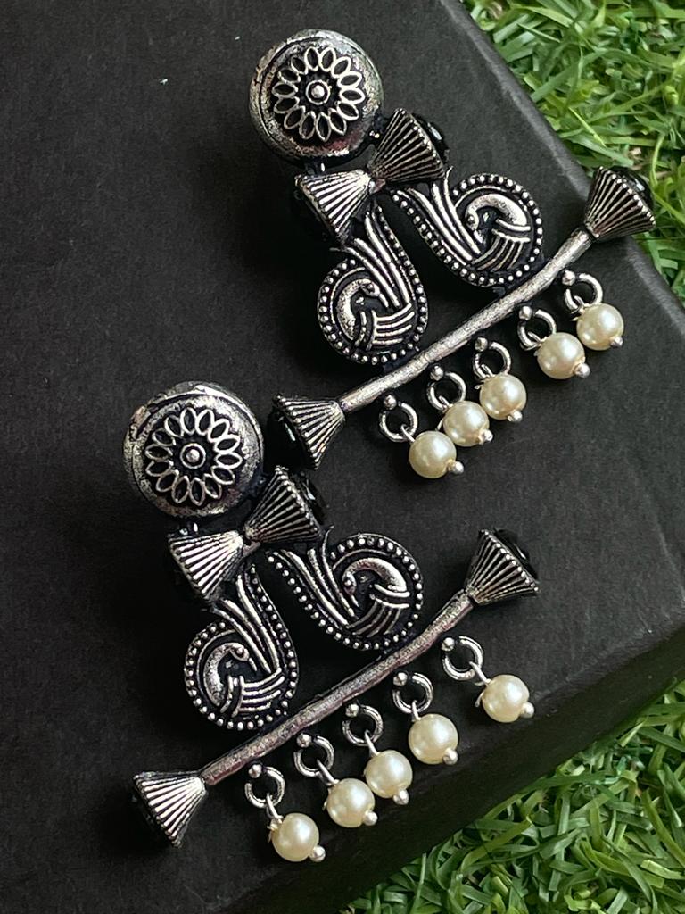 Black Polish Antique Look Flute Stud Earring