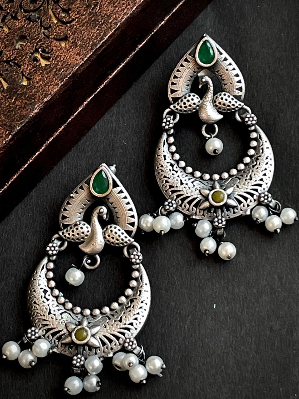 Peacock Shape Chandbali Oxidized Drop Earring