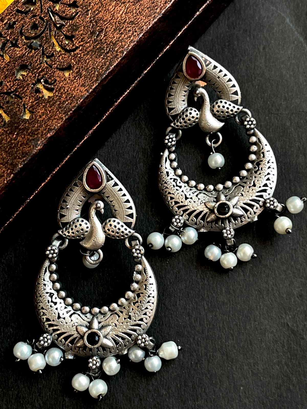 Peacock Shape Chandbali Oxidized Drop Earring