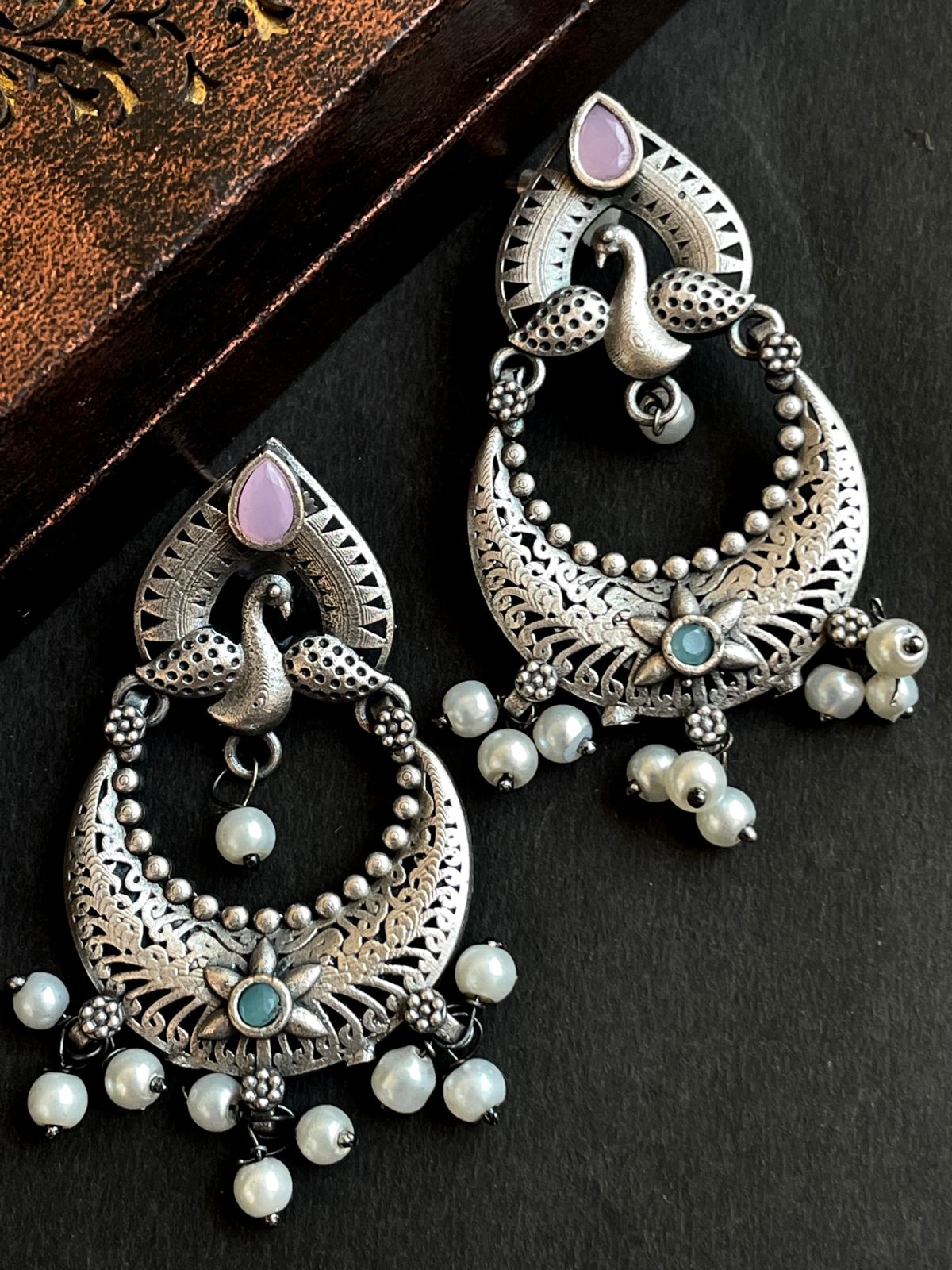 Peacock Shape Chandbali Oxidized Drop Earring