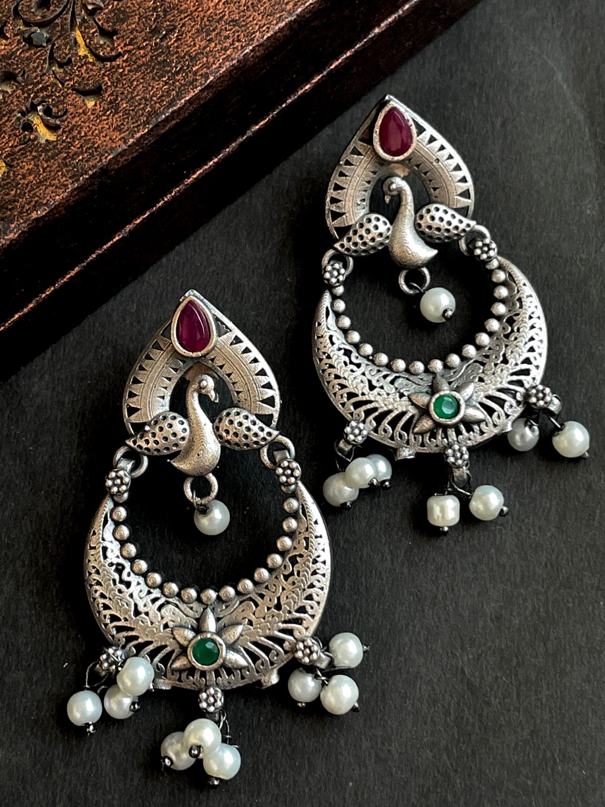 Peacock Shape Chandbali Oxidized Drop Earring