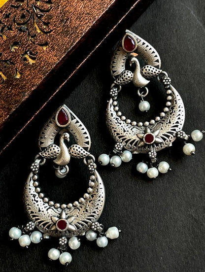 Peacock Shape Chandbali Oxidized Drop Earring