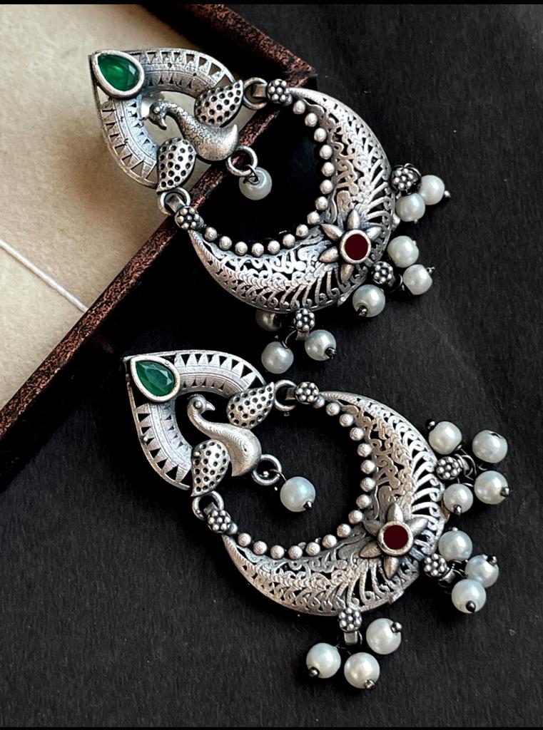 Peacock Shape Chandbali Oxidized Drop Earring