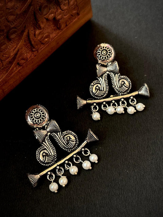 Black Polish Antique Look Flute Stud Earring