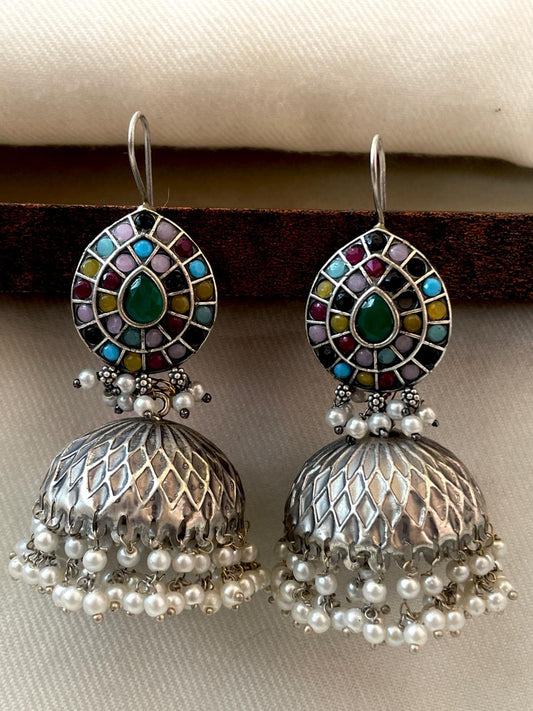 Monalisa Stone Top with Silver Replica Jhumka Earring