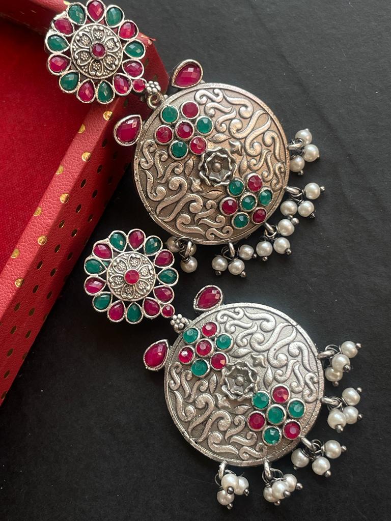 Silver Replica Black Polish Ethnic Earring