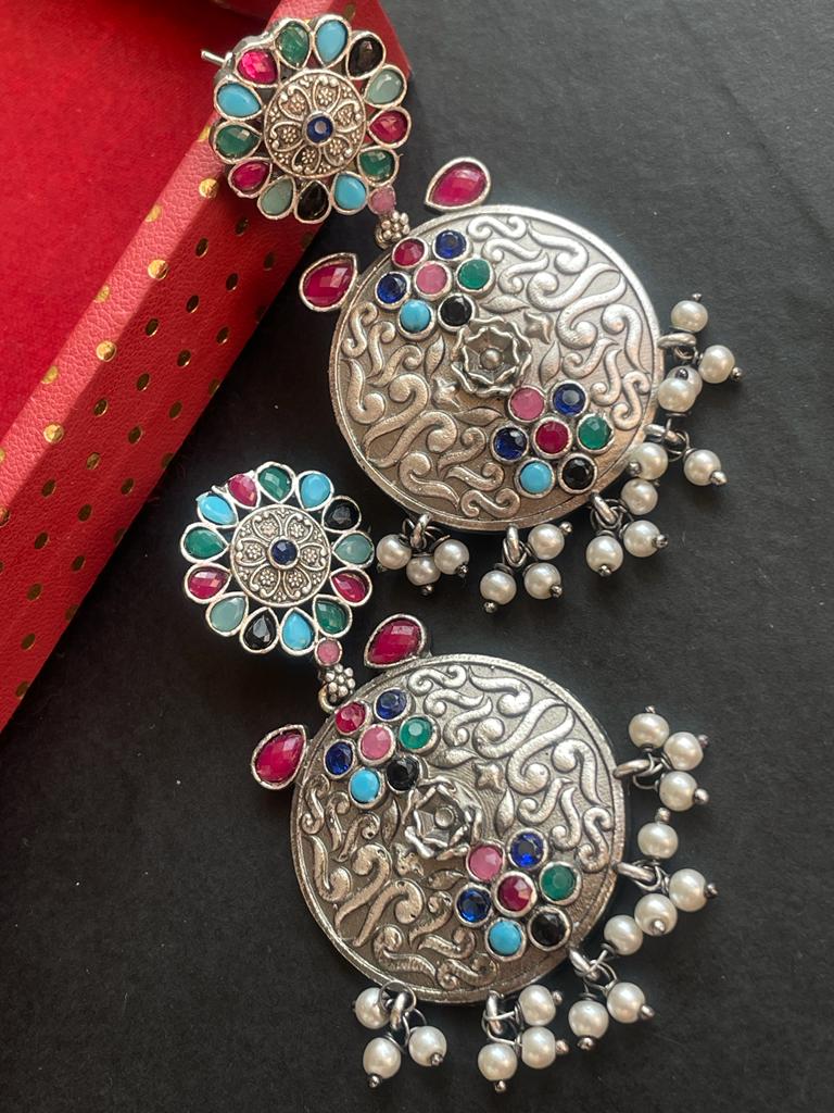 Silver Replica Black Polish Ethnic Earring