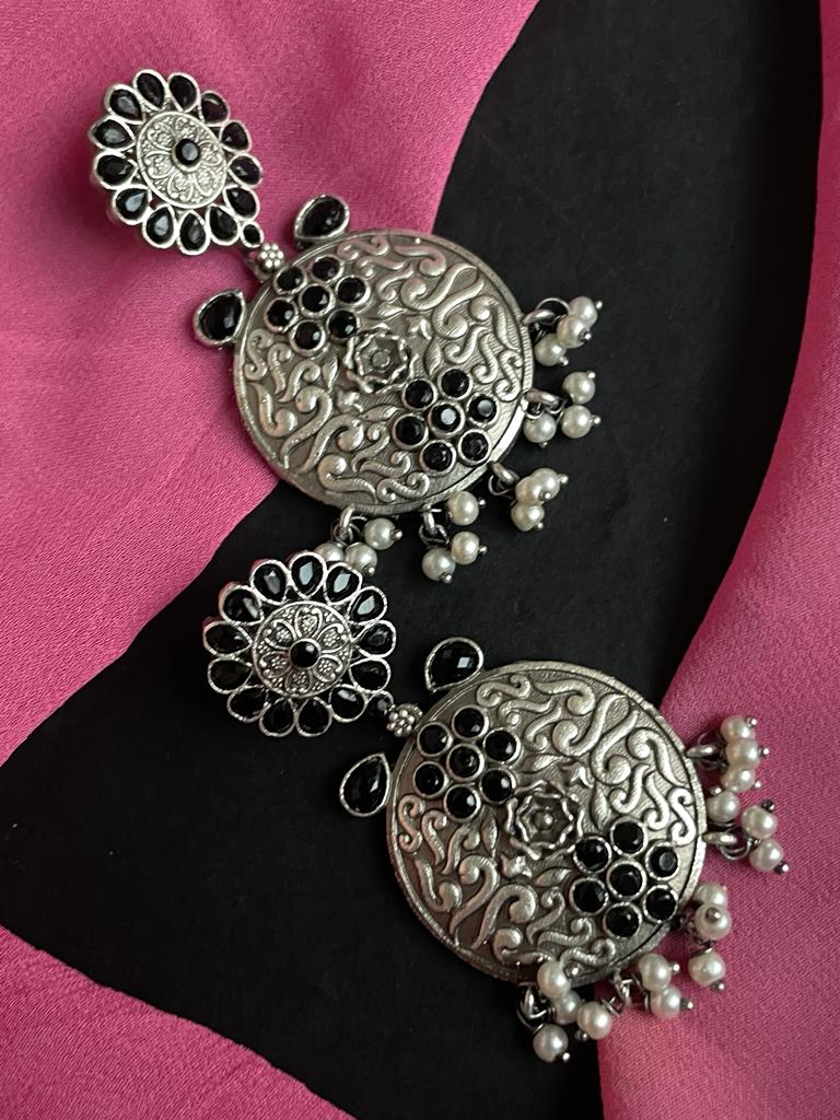 Silver Replica Black Polish Ethnic Earring