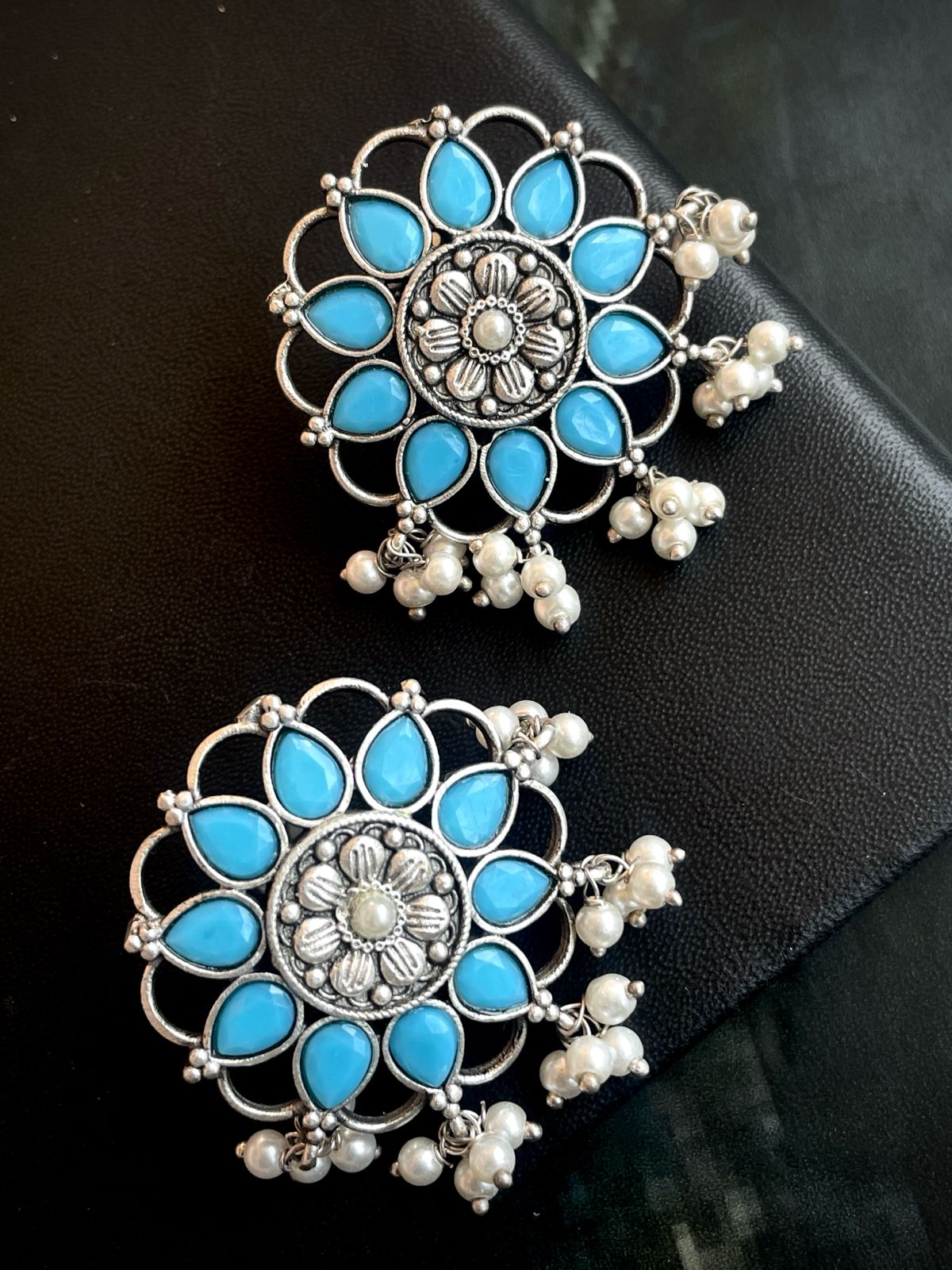 Oxidized Floral Stone Beaded Earring