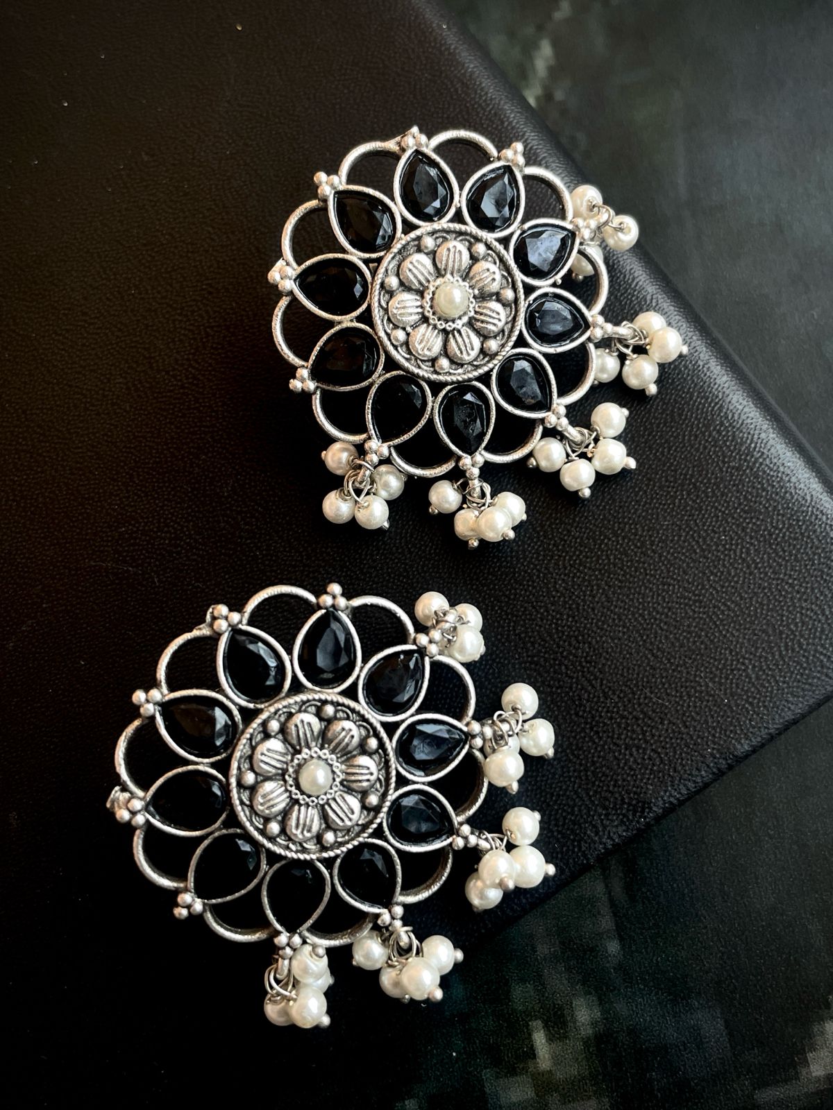 Oxidized Floral Stone Beaded Earring