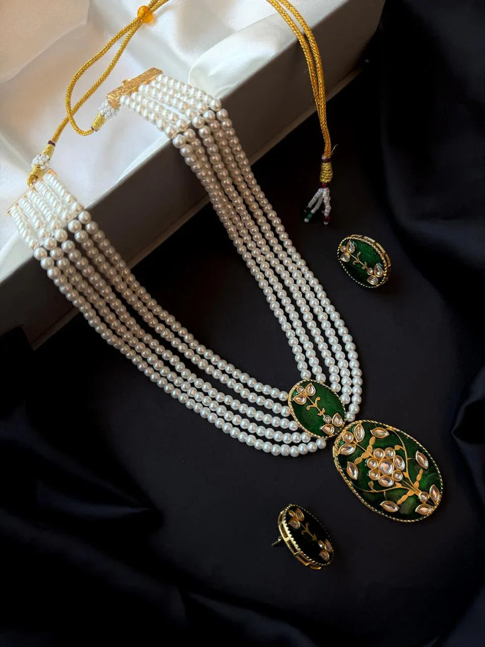 Meenakari Pendant Beaded Mala Necklace with Earring set