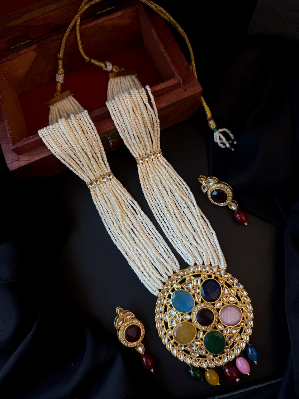 Monalisa Stone Big Pendant Beaded Multi Layered Mala Necklace with Earring set