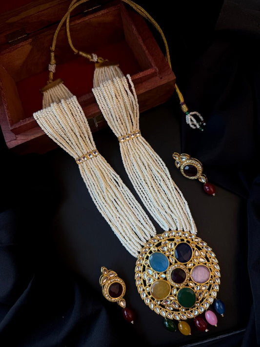 Monalisa Stone Big Pendant Beaded Multi Layered Mala Necklace with Earring set