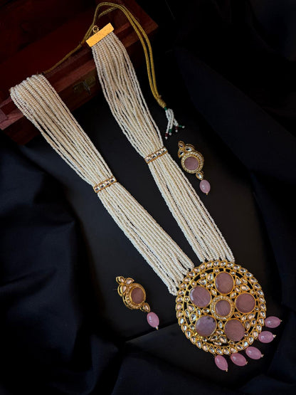 Monalisa Stone Big Pendant Beaded Multi Layered Mala Necklace with Earring set