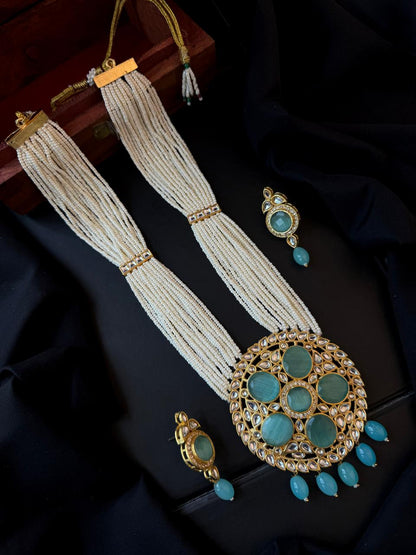 Monalisa Stone Big Pendant Beaded Multi Layered Mala Necklace with Earring set