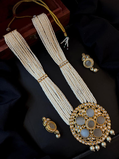 Monalisa Stone Big Pendant Beaded Multi Layered Mala Necklace with Earring set