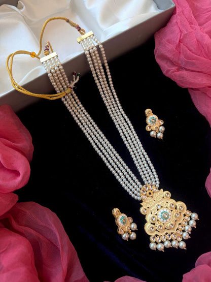 Kundn Meenakari Pendant Mala Moti Necklace with Earring set