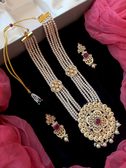 Kundn Meenakari Pendant Mala Moti Necklace with Earring set