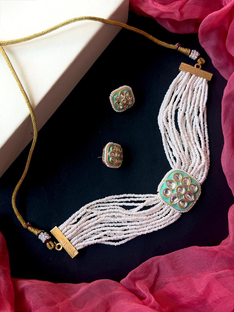 Kundan Meenakari Pendant Multi Layered Beaded Choker with Earring set