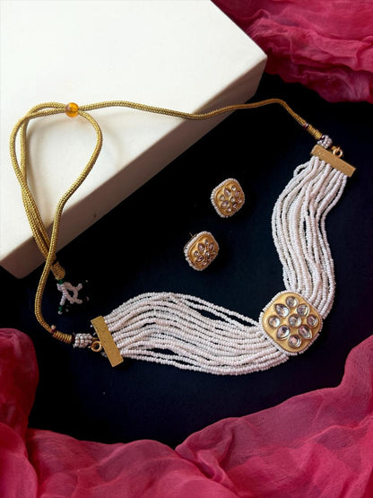 Kundan Meenakari Pendant Multi Layered Beaded Choker with Earring set