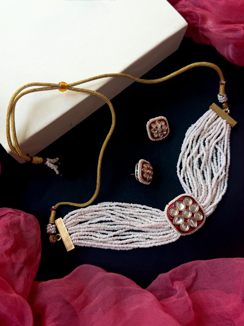 Kundan Meenakari Pendant Multi Layered Beaded Choker with Earring set