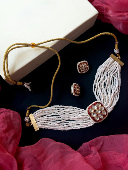 Kundan Meenakari Pendant Multi Layered Beaded Choker with Earring set