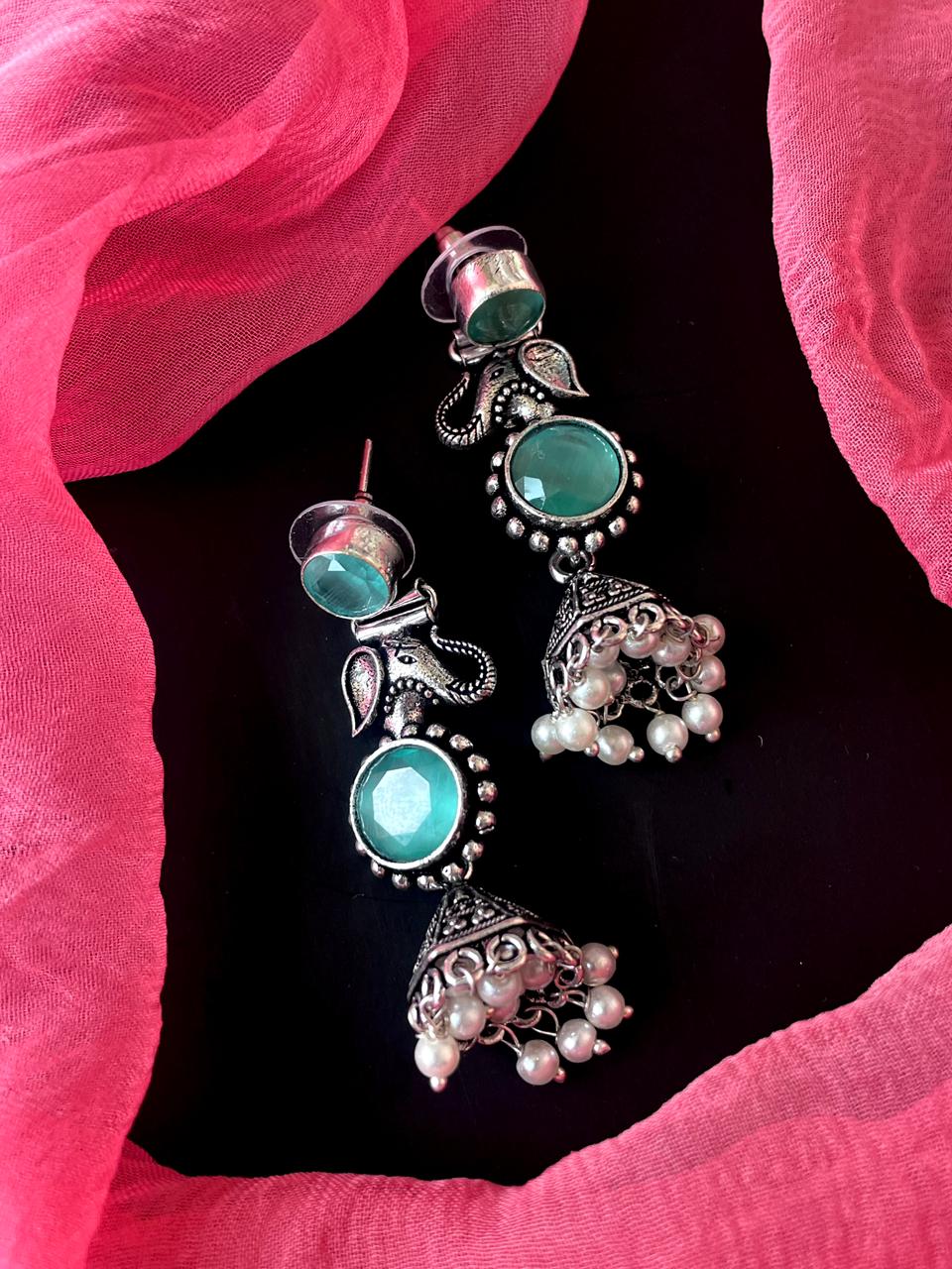 Monalisa Stone Oxidized Elephant shape Earring