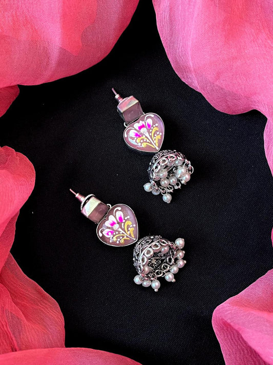 Hand Painted Monalisa Stone Top with Silver Replica Jhumki Earring