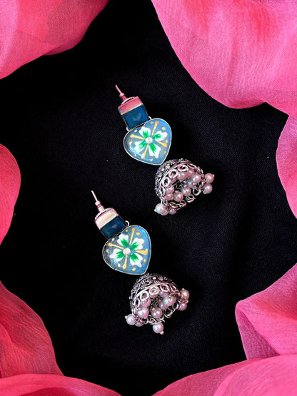 Hand Painted Monalisa Stone Top with Silver Replica Jhumki Earring