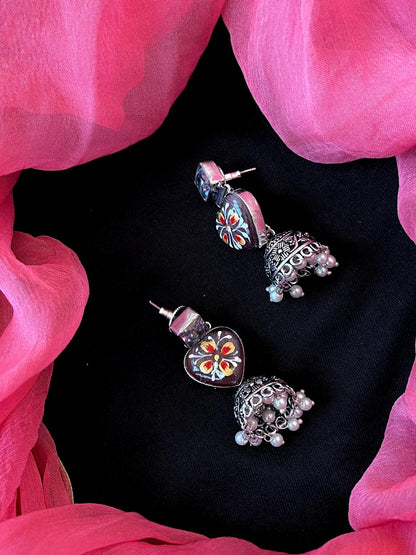 Hand Painted Monalisa Stone Top with Silver Replica Jhumki Earring