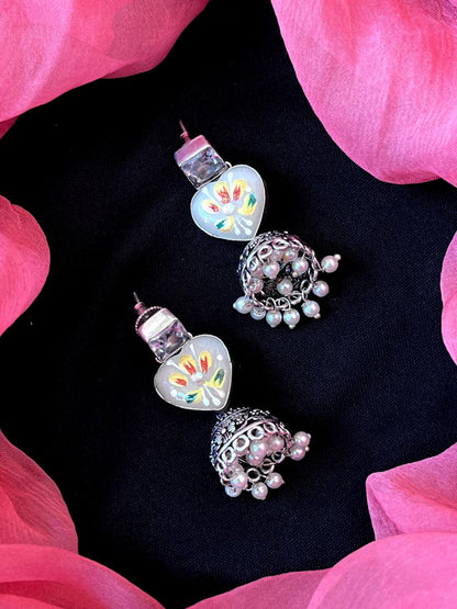 Hand Painted Monalisa Stone Top with Silver Replica Jhumki Earring